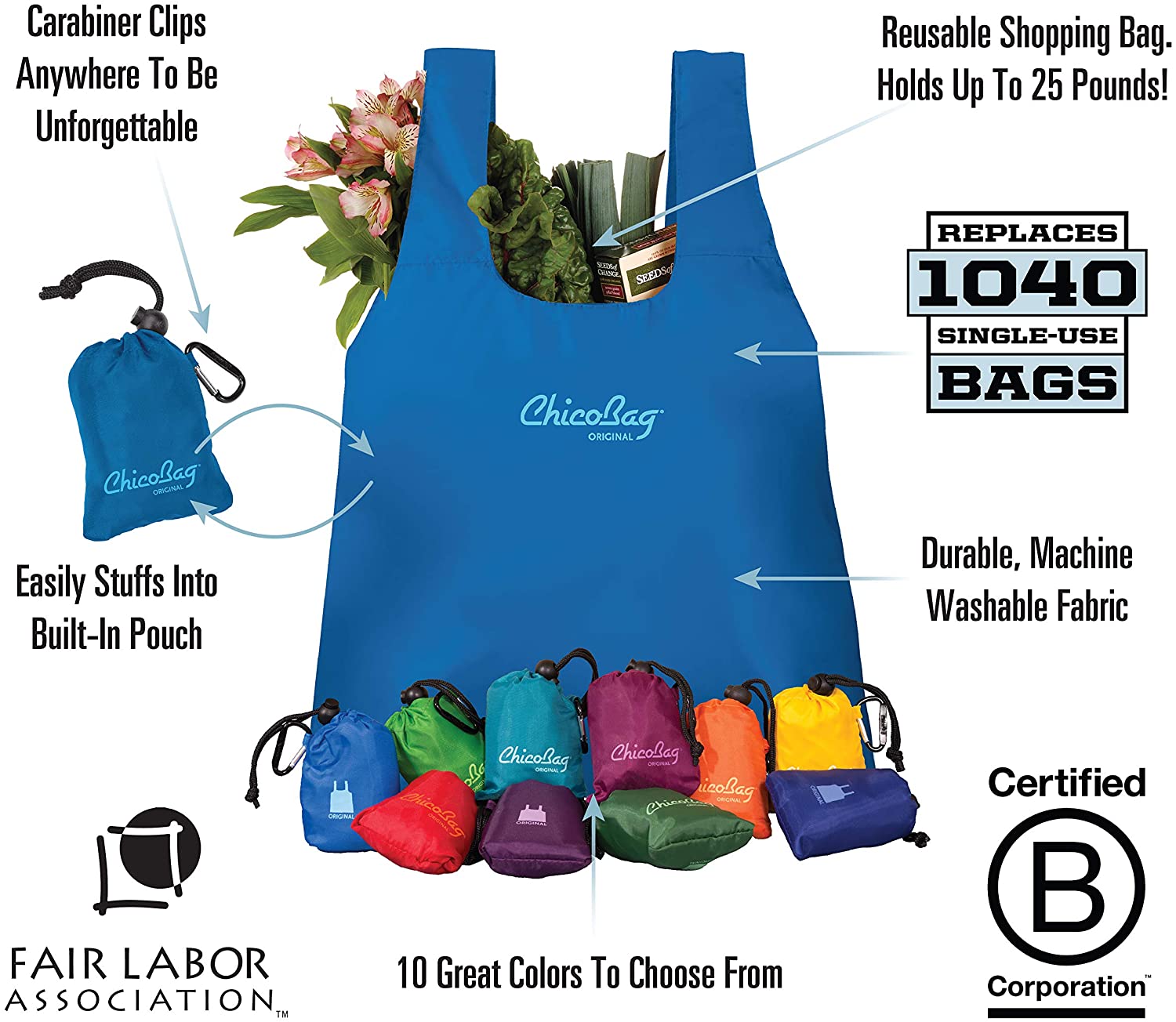 ChicoBag | Original Travel & Grocery Tote Bag With Carabiner Clip, Bags, ChicoBag, Defiance Outdoor Gear Co.